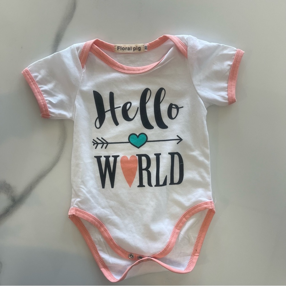 Floral Pig- size 80; White with Black “HELLO W🩷RLD” onesie- short sleeve